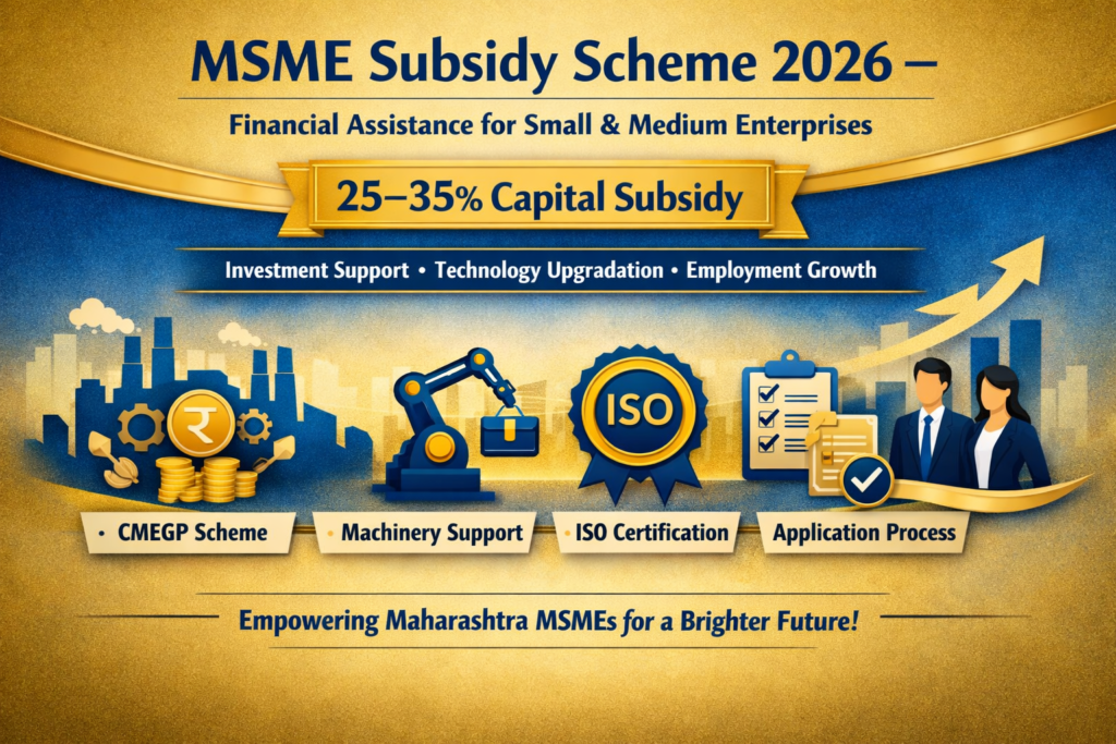 "MSME Subsidy योजना 2026 – महाराष्ट्रातील लघु व मध्यम उद्योगांसाठी भांडवली गुंतवणूक, तंत्रज्ञान सुधारणा व रोजगार निर्मिती दर्शवणारा माहितीपट."