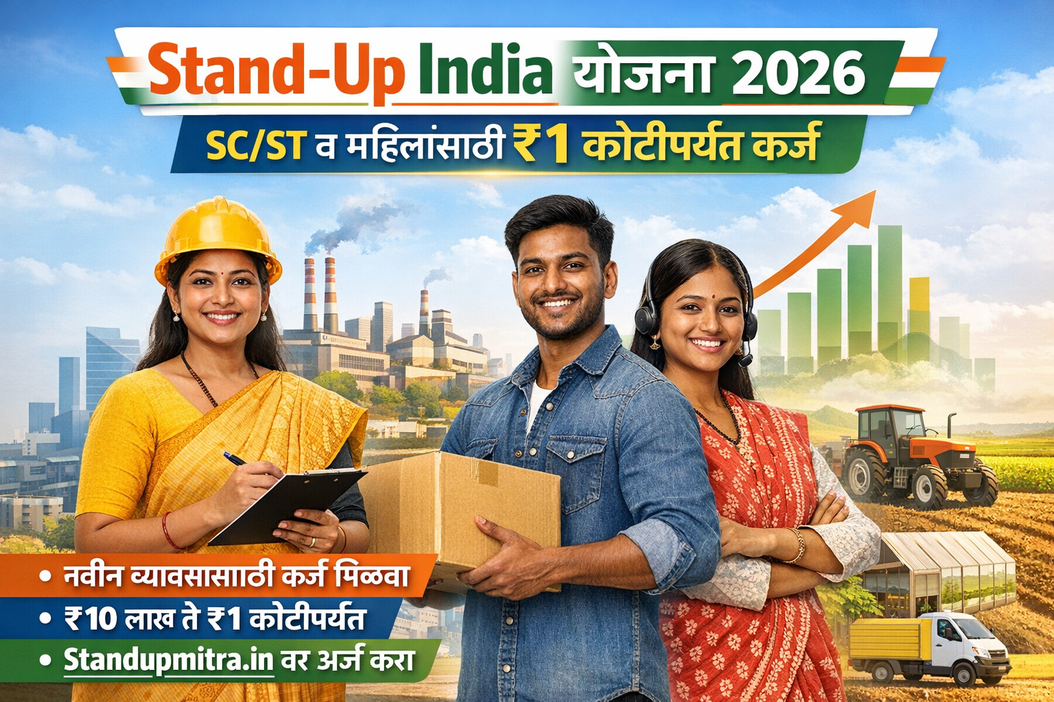 Stand-Up India योजना 2026 – SC/ST व महिलांसाठी ₹1 कोटीपर्यंत कर्ज, उद्योजकतेला चालना देणारी सरकारी योजना.