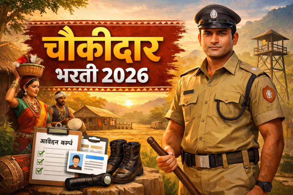 “आदिवासी विकास विभाग चौकीदार भरती २०२६ – महाराष्ट्रातील चौकीदार पदांसाठी भरती जाहिरात, पार्श्वभूमीमध्ये आदिवासी गाव आणि चौकीदार युनिफॉर्ममधील व्यक्ती.”