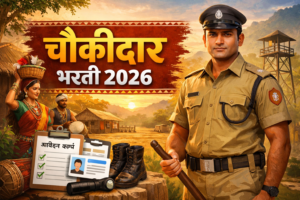 “आदिवासी विकास विभाग चौकीदार भरती २०२६ – महाराष्ट्रातील चौकीदार पदांसाठी भरती जाहिरात, पार्श्वभूमीमध्ये आदिवासी गाव आणि चौकीदार युनिफॉर्ममधील व्यक्ती.”
