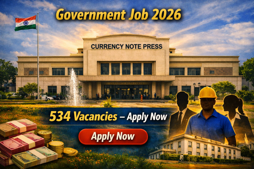 Currency Note Press Nashik Recruitment 2026 – Government Job announcement showing the Currency Note Press building, Indian flag, and text “534 Vacancies – Apply Now” with silhouettes of professionals and currency notes in the foreground.