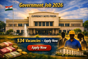 Currency Note Press Nashik Recruitment 2026 – Government Job announcement showing the Currency Note Press building, Indian flag, and text “534 Vacancies – Apply Now” with silhouettes of professionals and currency notes in the foreground.