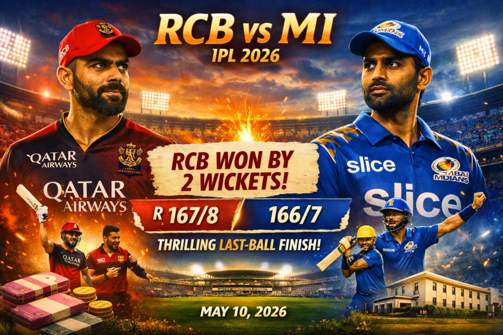 RCB vs MI IPL 2026 – Royal Challengers Bengaluru and Mumbai Indians players facing off in a packed stadium under floodlights, showing match score RCB 167/8 and MI 166/7 with text “RCB Won by 2 Wickets – Thrilling Last-Ball Finish”.