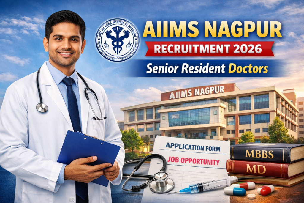 A confident doctor holding a clipboard in front of the AIIMS Nagpur building with recruitment