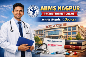 A confident doctor holding a clipboard in front of the AIIMS Nagpur building with recruitment