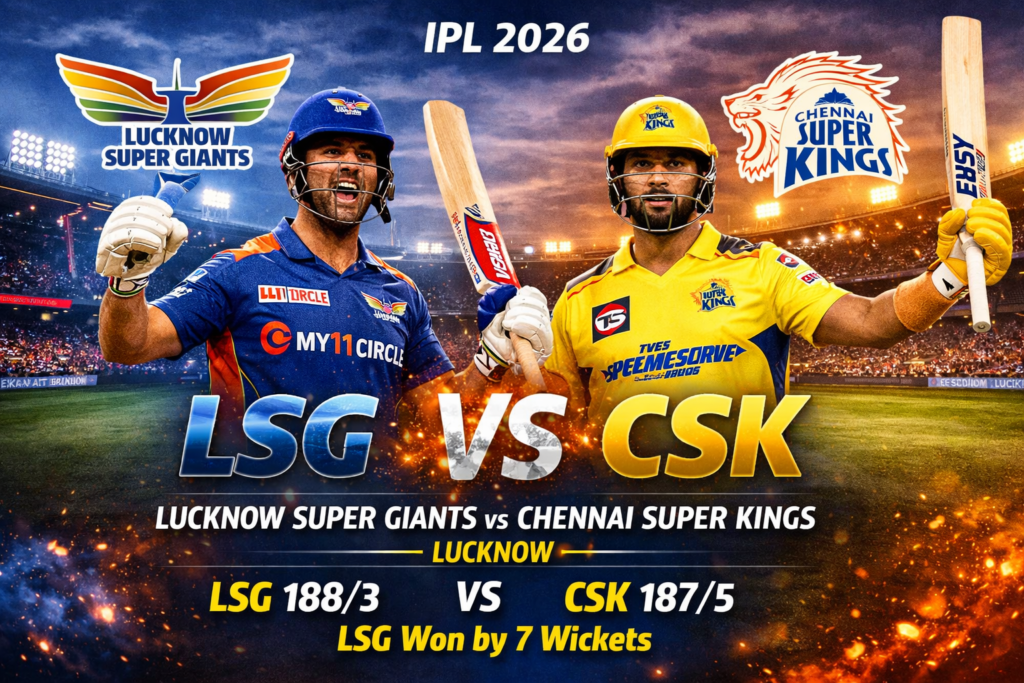 LSG विरुद्ध CSK IPL 2026 सामन्याचे फीचर इमेज. डाव्या बाजूला लखनऊ सुपर जायंट्सचा मिचेल मार्श निळ्या‑केशरी जर्सीत बॅट उंचावून विजय साजरा करताना दिसतो,