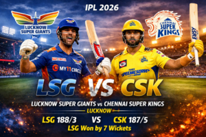 LSG विरुद्ध CSK IPL 2026 सामन्याचे फीचर इमेज. डाव्या बाजूला लखनऊ सुपर जायंट्सचा मिचेल मार्श निळ्या‑केशरी जर्सीत बॅट उंचावून विजय साजरा करताना दिसतो,